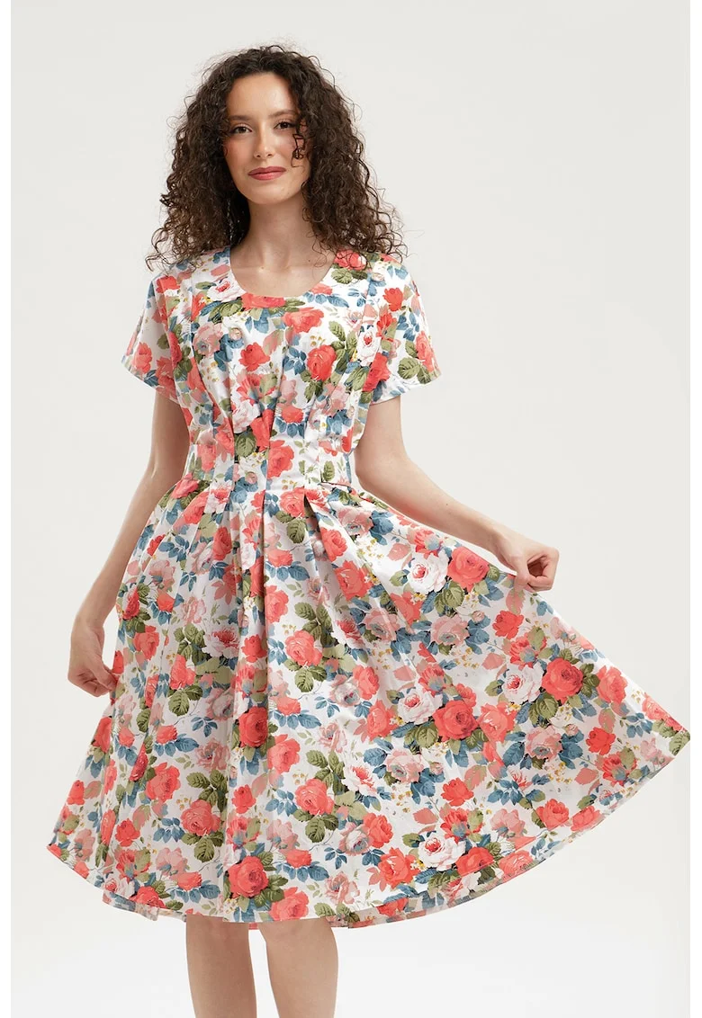 Rochie midi evazata cu detaliu innodat pe spate, Rosu deschis/Albastru stins