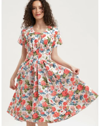 Rochie midi evazata cu detaliu innodat pe spate, Rosu deschis/Albastru stins
