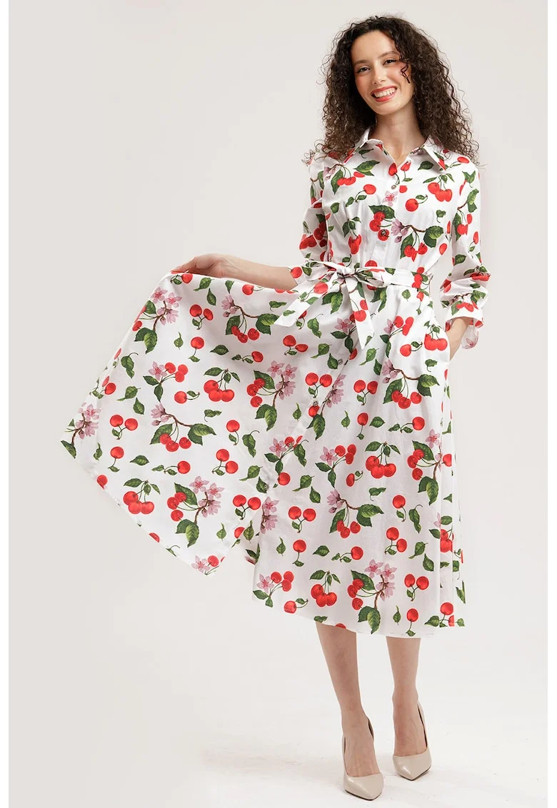 Rochie-camasa midi de bumbac, Rosu/Alb/Verde masliniu inchis