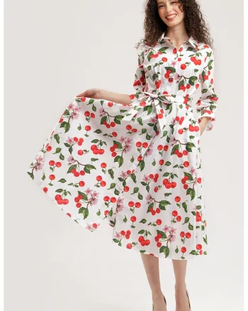 Rochie-camasa midi de bumbac, Rosu/Alb/Verde masliniu inchis