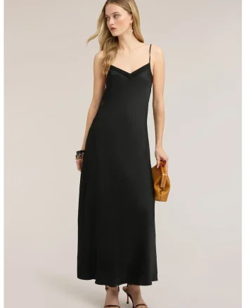 Rochie din satin cu decolteu in V, Negru
