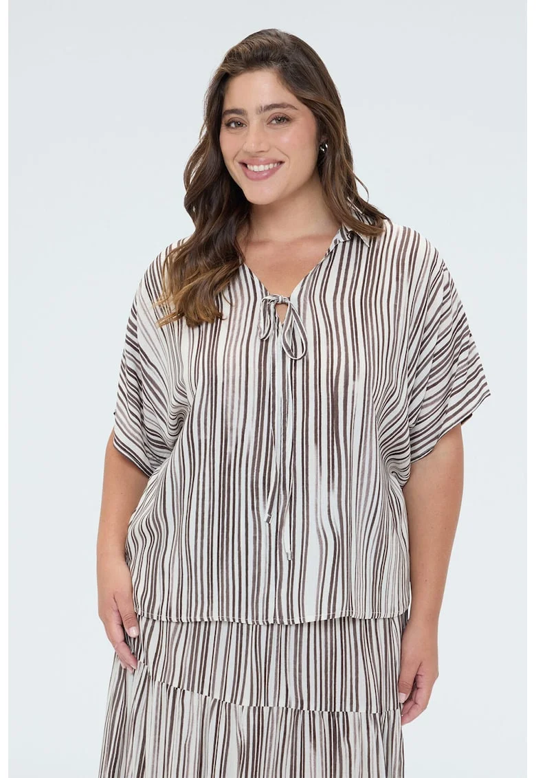 Bluza cu decolteu in V si model in dungi, Negru/Alb murdar