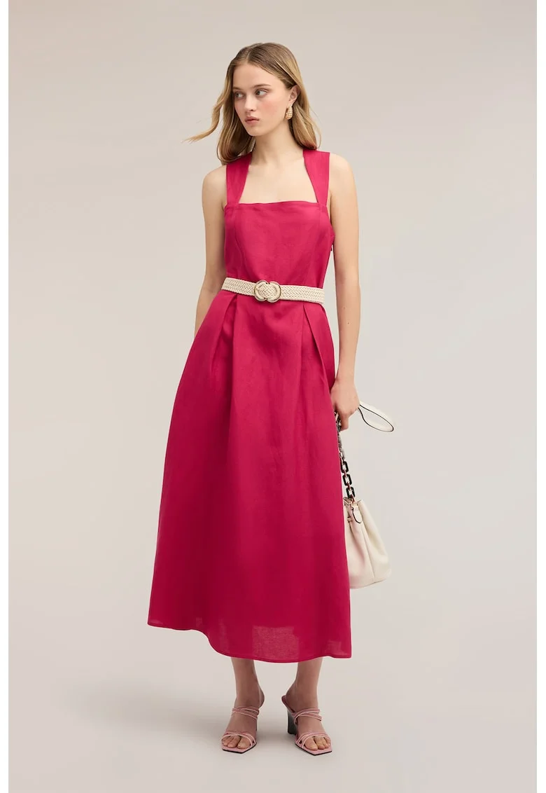 Rochie midi cu croiala evazata, Roz zmeuriu,