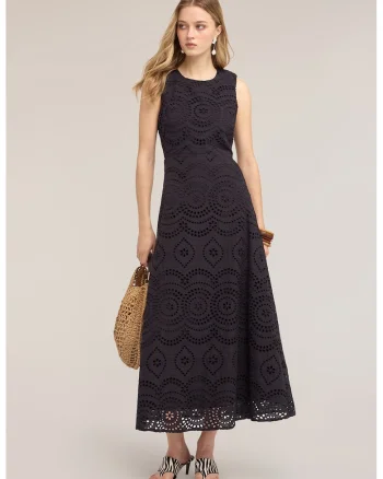 Rochie midi cu broderie, Negru stins,