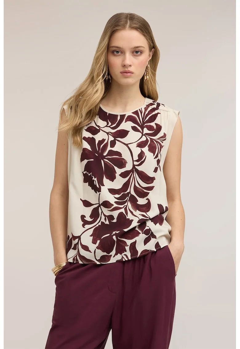 Bluza cu model floral, fara maneci, Alb fildes, Violet pruna,