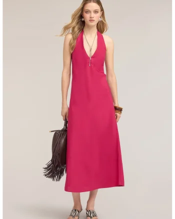 Rochie halter cu decolteu in V, Roz zmeuriu,