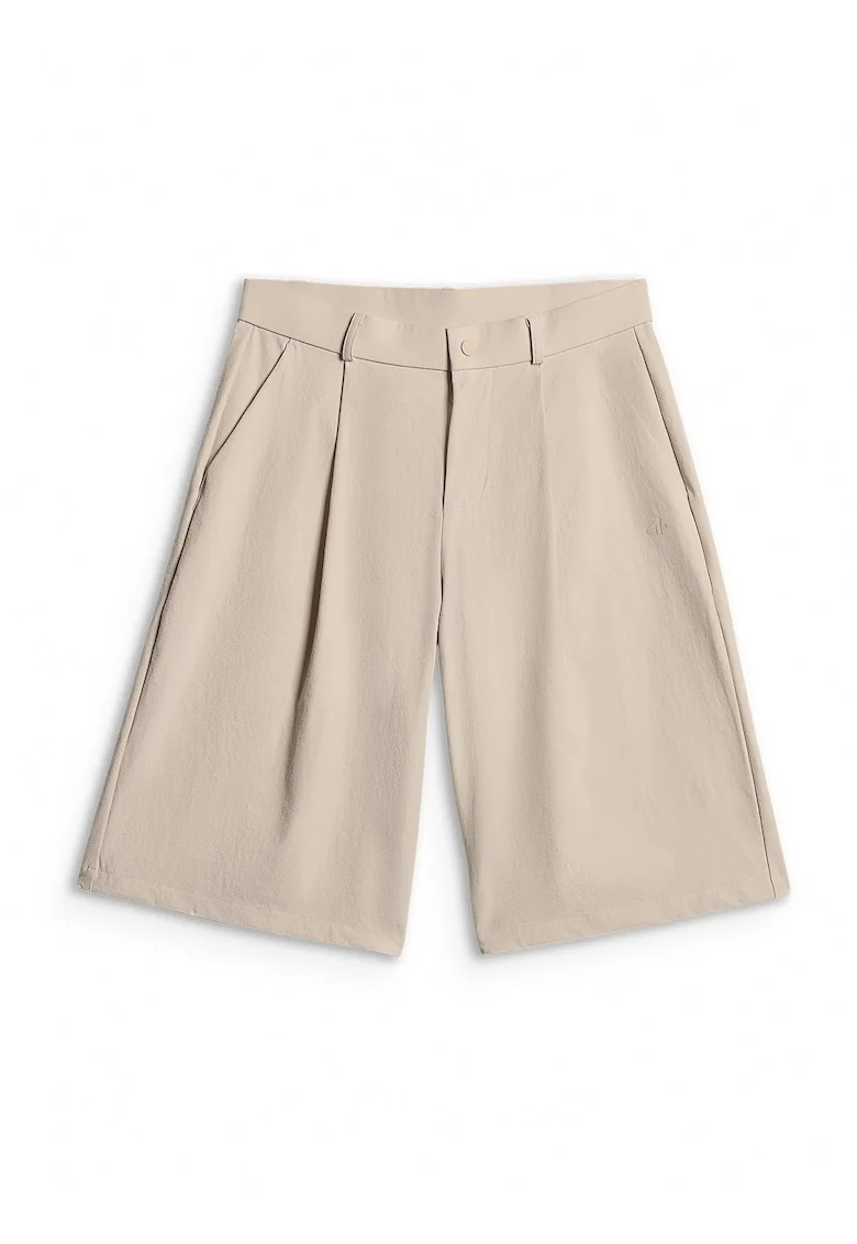 Pantaloni scurti dama,  talie inalta, croiala lejera, crem, tesatura creponata