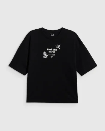 Tricou dama  regular, imprimeu grafic, negru, tricotaj dens, bumbac