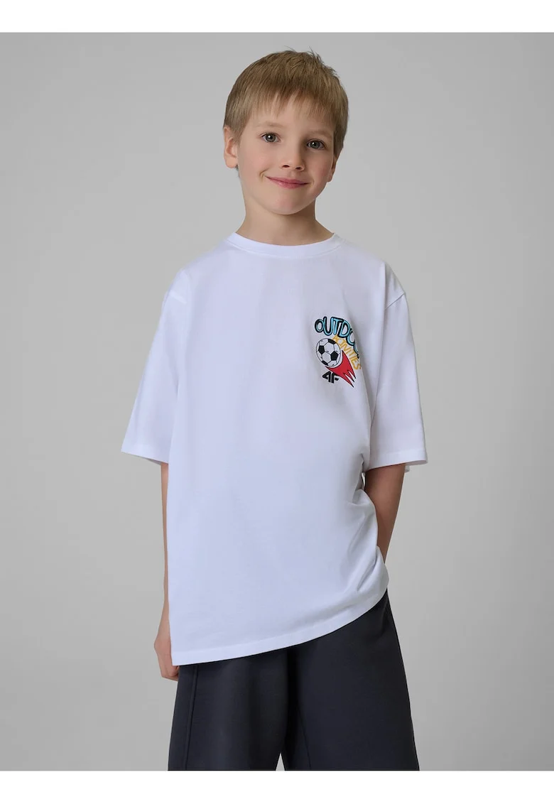 Tricou copii  croiala lejera, imprimeu grafic, alb, bumbac