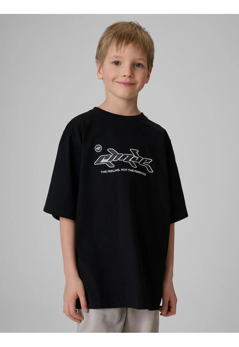 Tricou copii  croiala lejera, imprimeu, negru, bumbac