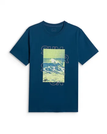 Tricou barbati  regular, imprimeu, turcoaz, bumbac