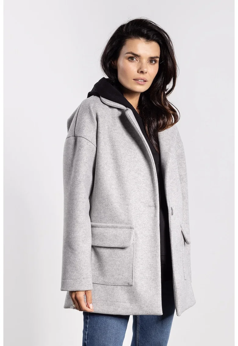 Palton pentru dama,  oversize, gri, poliester, cu buzunare
