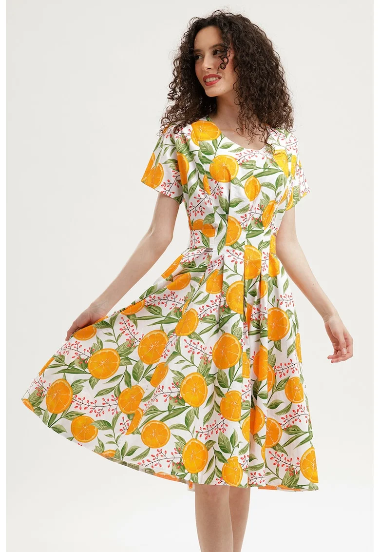 Rochie midi evazata cu detaliu innodat pe spate, Portocaliu/Verde sparanghel