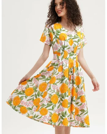 Rochie midi evazata cu detaliu innodat pe spate, Portocaliu/Verde sparanghel