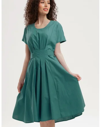 Rochie midi evazata cu detaliu innodat pe spate, Verde petrol