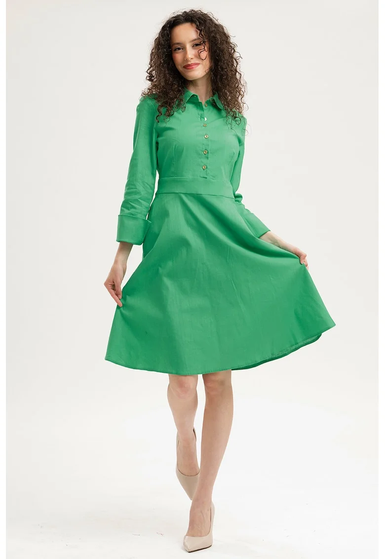 Rochie evazata cu fenta cu nasturi, Verde irlandez