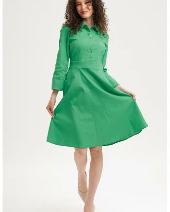 Rochie evazata cu fenta cu nasturi, Verde irlandez