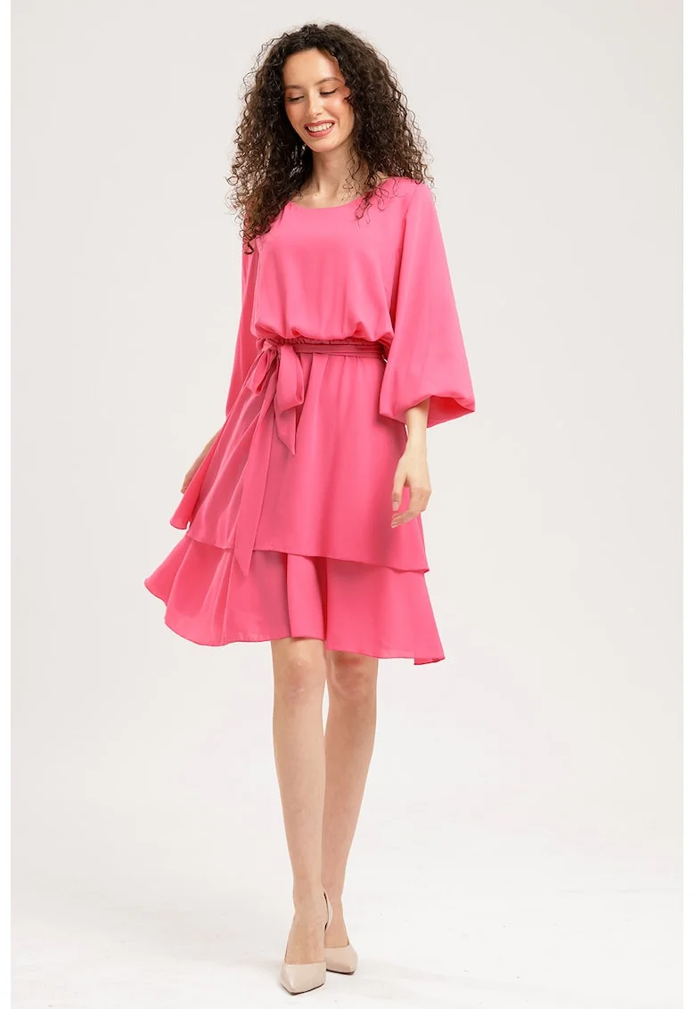 Rochie evazata de sifon cu maneci balloon, Roz