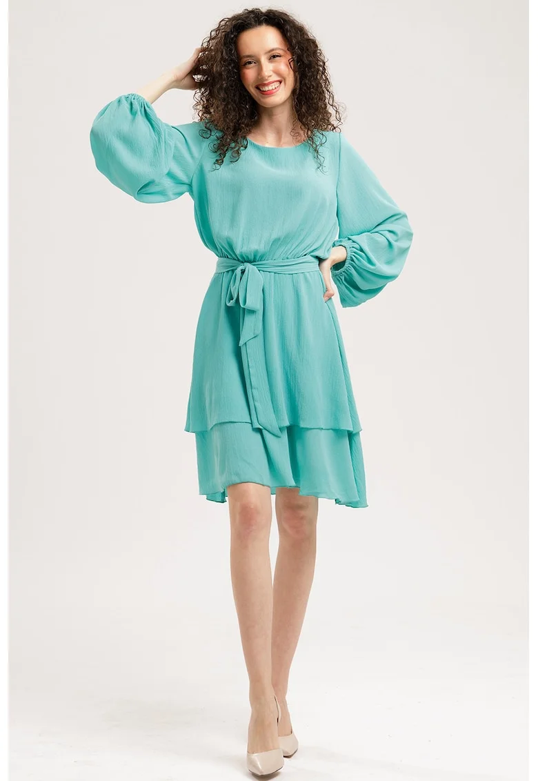 Rochie evazata de sifon cu maneci balloon, Turcoaz inchis