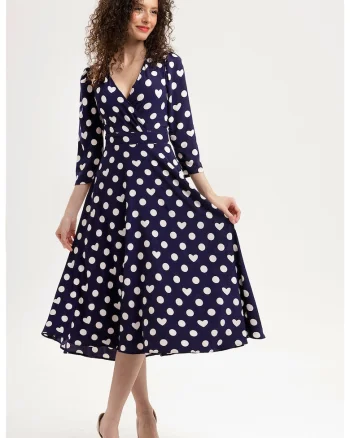 Rochie midi evazata cu model si buzunare, Alb/Albastru ultramarin
