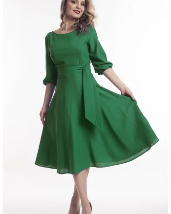 Rochie midi de in cu cordon, Verde indian