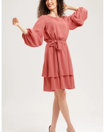 Rochie evazata de sifon cu maneci balloon, Rosu pastelat