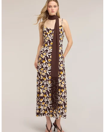 Rochie cu imprimeu floral, Maro/Crem/Galben mustar