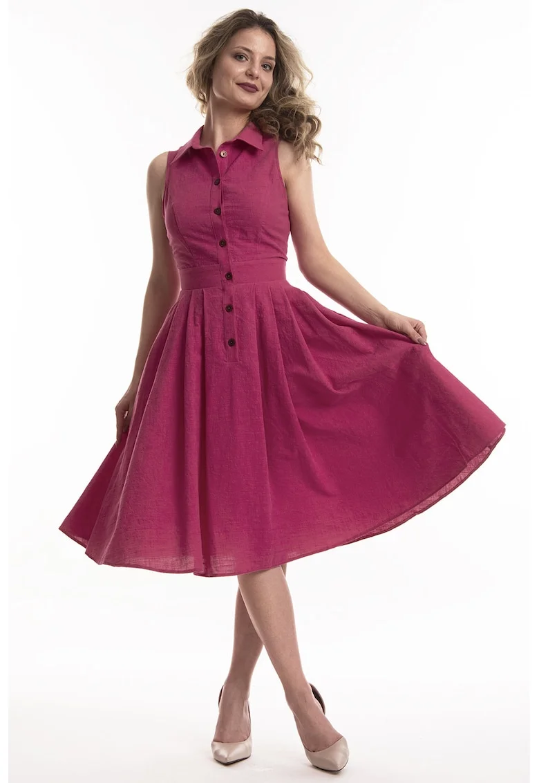 Rochie midi de in cu croiala evazata Valeria, Roz zmeuriu