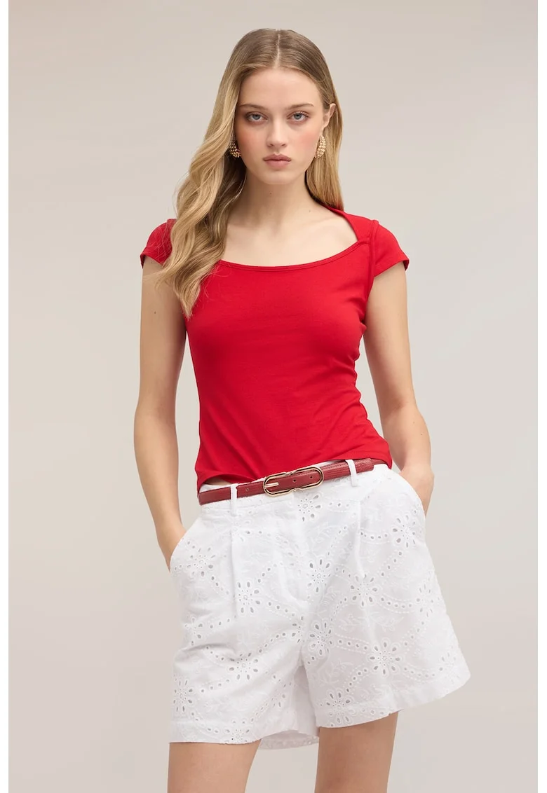 Tricou din amestec de bumbac cu decolteu rotund, Rosu vermillion
