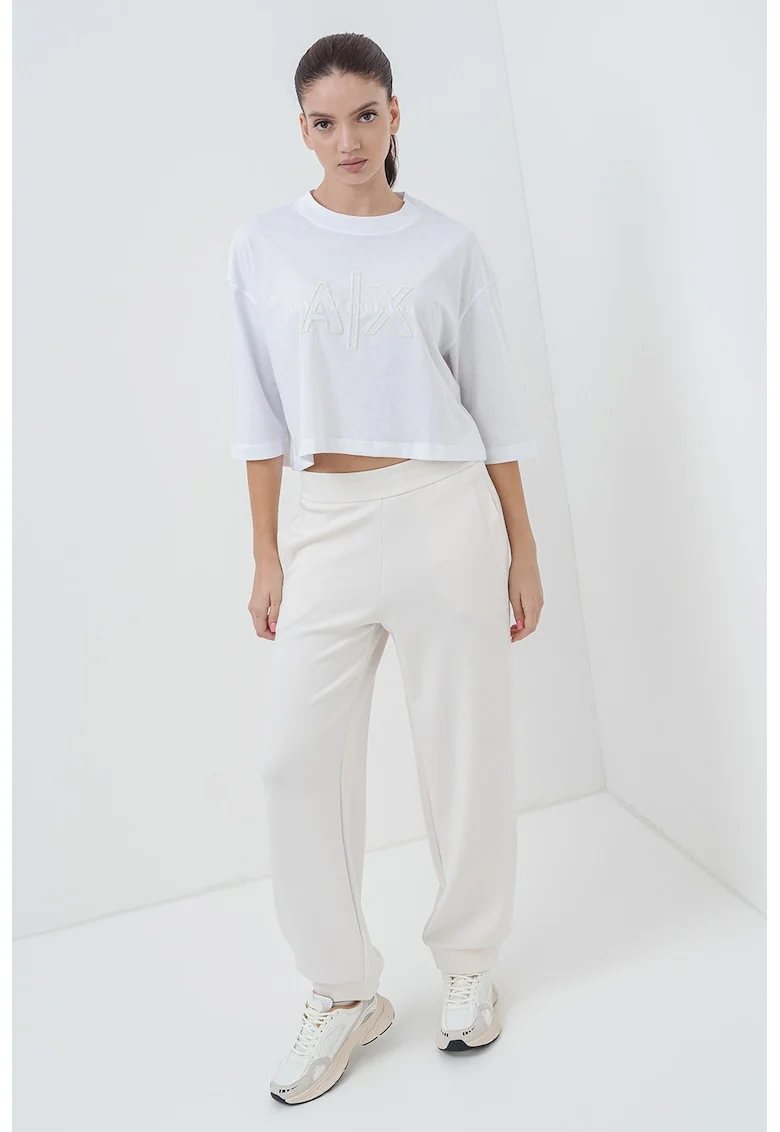 Tricou crop cu decolteu la baza gatului, Alb/Crem