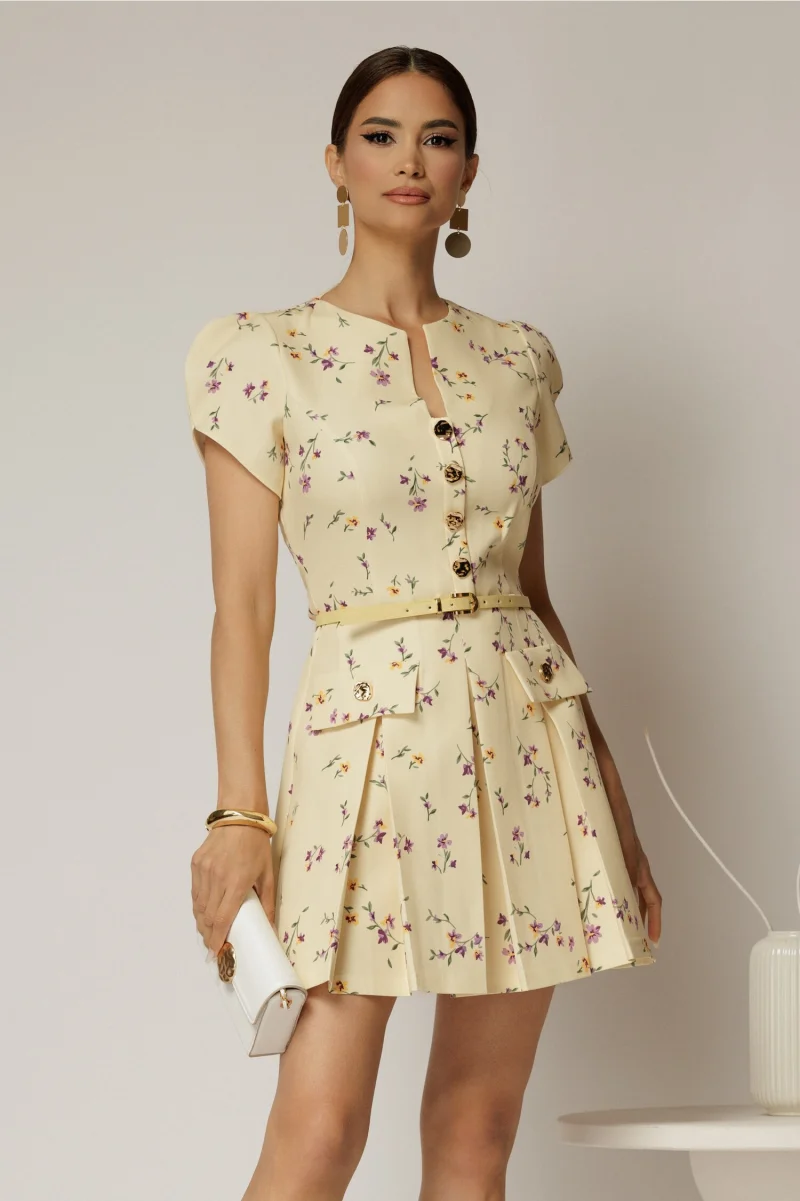 Rochie DY Fashion scurta galbena cu floricele si fusta cu pliuri
