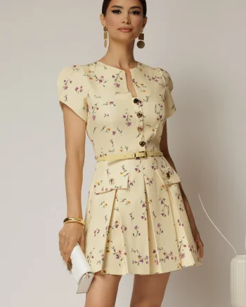 Rochie DY Fashion scurta galbena cu floricele si fusta cu pliuri