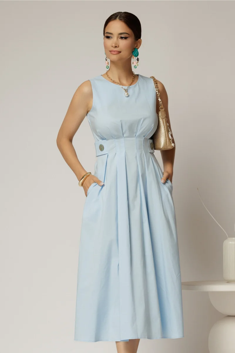 Rochie DY Fashion midi bleu din bumbac cu nasturi si cusaturi pe talie