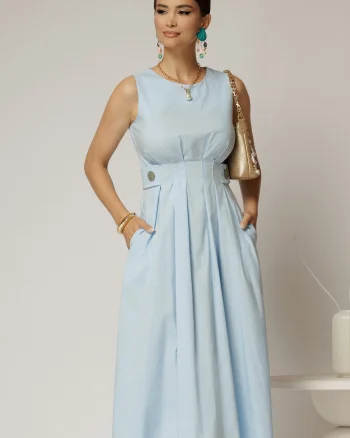 Rochie DY Fashion midi bleu din bumbac cu nasturi si cusaturi pe talie