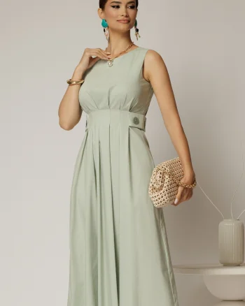 Rochie DY Fashion midi verde fistic din bumbac cu nasturi si cusaturi pe talie