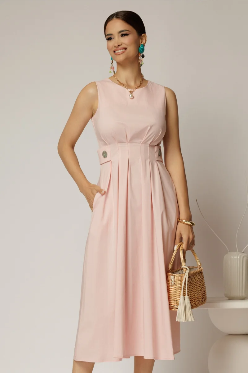 Rochie DY Fashion midi roz din bumbac cu nasturi si cusaturi pe talie