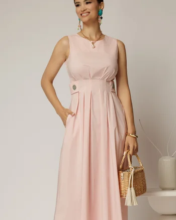 Rochie DY Fashion midi roz din bumbac cu nasturi si cusaturi pe talie