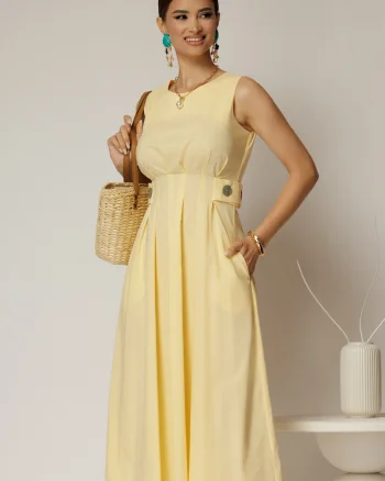 Rochie DY Fashion midi galbena din bumbac cu nasturi si cusaturi pe talie