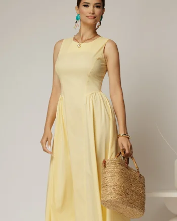 Rochie DY Fashion midi galbena din bumbac cu cret pe solduri
