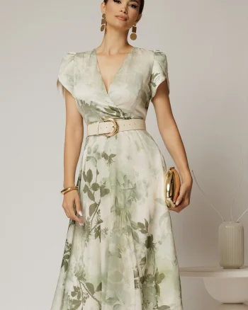 Rochie DY Fashion eleganta din voal satinat cu imprimeuri kaki