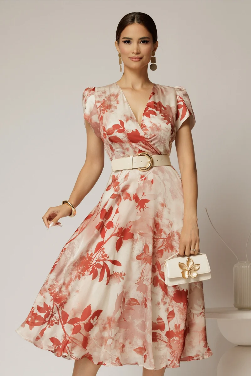 Rochie DY Fashion eleganta din voal satinat cu imprimeuri caramizii