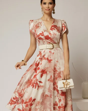 Rochie DY Fashion eleganta din voal satinat cu imprimeuri caramizii