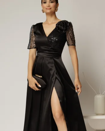 Rochie midi neagra de ocazie din tafta si paiete