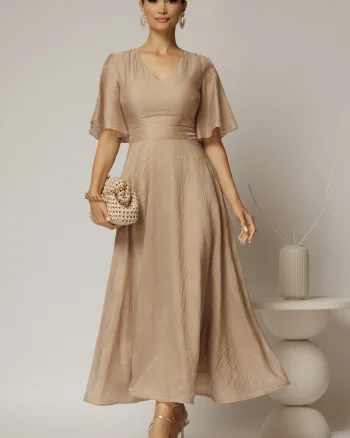 Rochie DY Fashion midi bej din tencel cu insertii sidefate