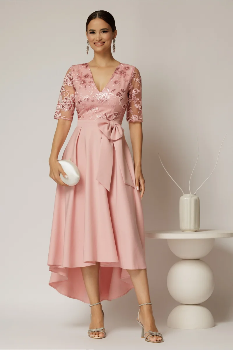 Rochie DY Fashion asimetrica roz cu dantela cu paiete la bust si funda ampla