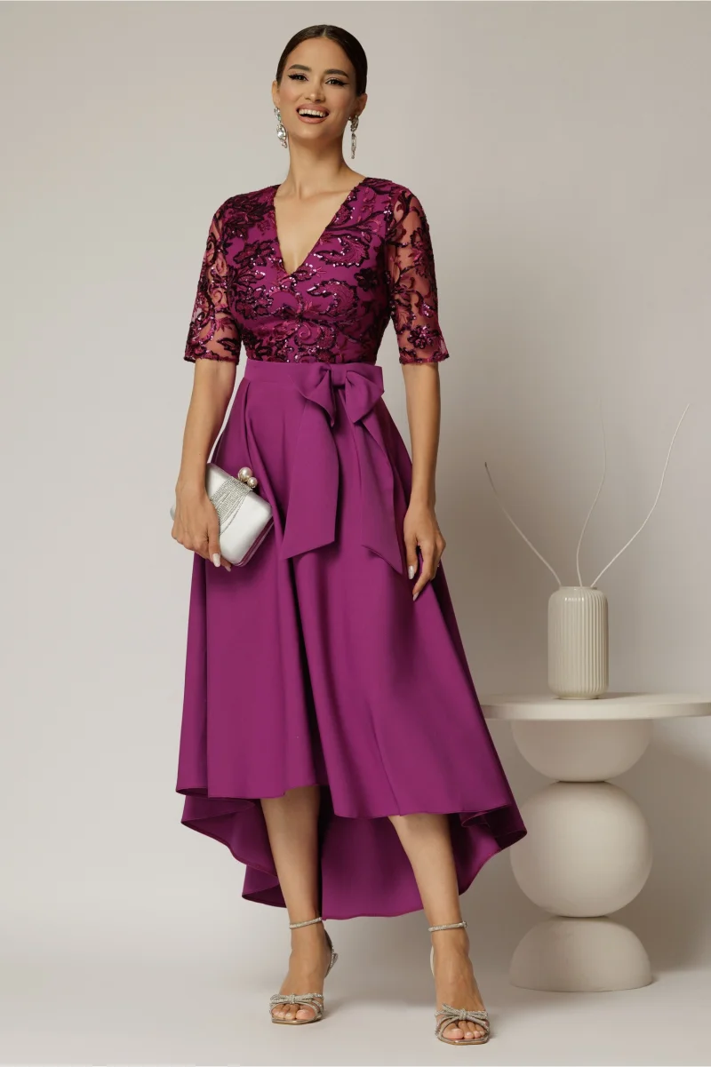 Rochie DY Fashion asimetrica mov cu dantela cu paiete la bust si funda ampla