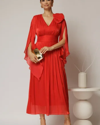 Rochie lunga rosie de seara din voal peliculizat