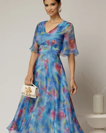 Rochie DY Fashion midi din organza cu imprimeuri bleu lila