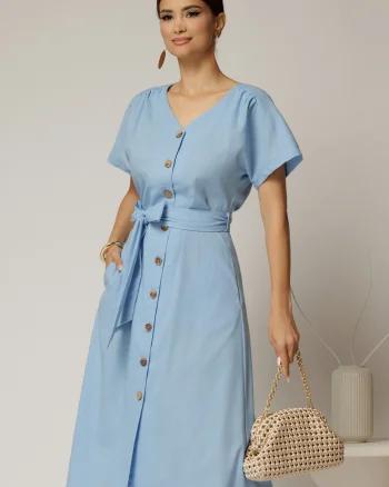 Rochie midi bleu de zi din in tip camasa cu manecile scurte