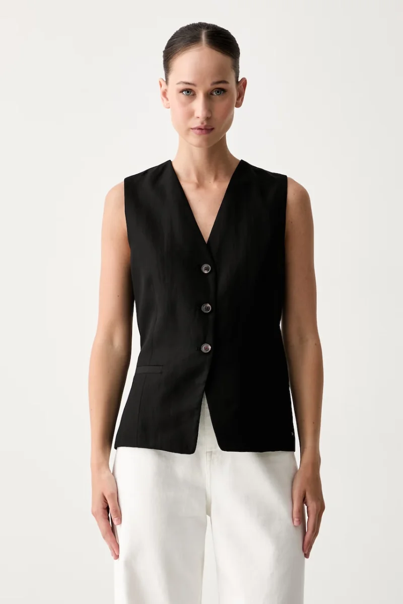 Tommy Hilfiger vestă cu un singur rând de nasturi pentru femei cu amestec de in